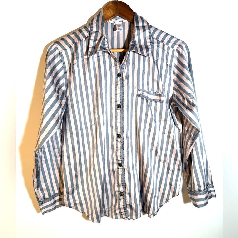 Victoria’s Secret Silky Striped Long-Sleeve Button-Up Shirt - Pink & Grey